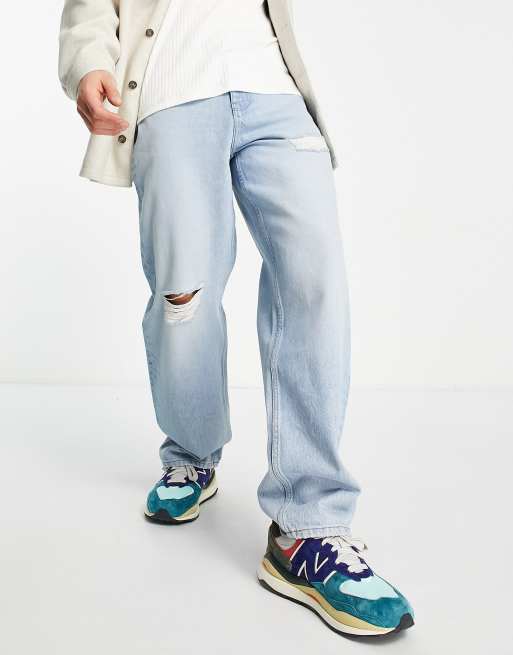 ASOS DESIGN - Cone Mill Denim - Baggy 'American Classic' jeans met scheuren in blauw met lichte wassing