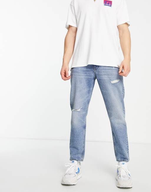 ASOS DESIGN – Cone Mill Denim – Klasyczne niebieskie jeansy z przetarciami w stylu „American classic”