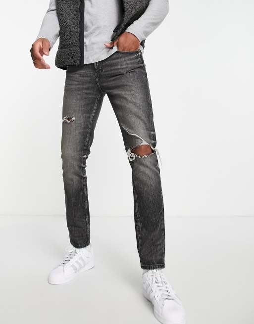 ASOS DESIGN - Cone Mill Denim - Skinny 'American classic'-jeans i forvasket sort med flænge på knæet 