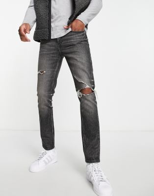 Cone Mill Denim skinny 'American classic' jeans in washed black with knee rip