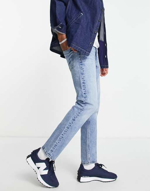 ASOS DESIGN Cone Mill Denim classic rigid 'American classic' jeans in mid  wash blue with abrasions