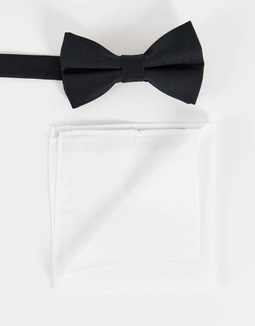 ASOS DESIGN - Confezione con farfallino in raso nero e fazzoletto da taschino bianco