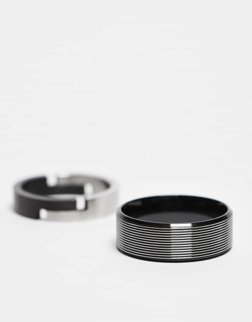 ASOS DESIGN - Confezione da 2 anelli a fascia in acciaio inossidabile resistente all'acqua color argento con finiture nere