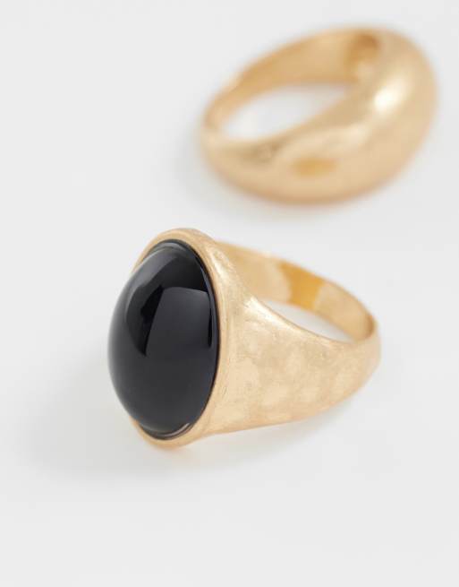 ASOS DESIGN - Confezione da 2 anelli spessi oro spazzolato con pietra in resina nera, 3 di 3