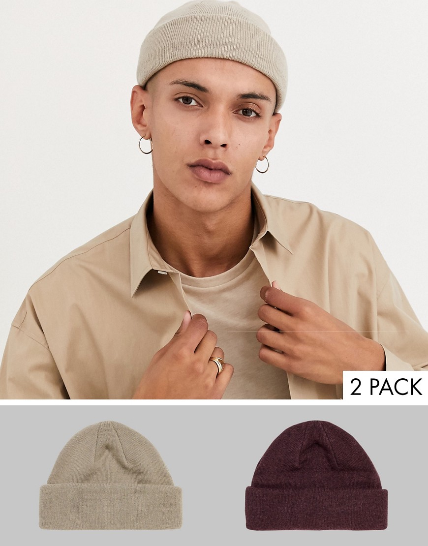 ASOS DESIGN - Confezione da 2 berretti da pescatore mini beige e bordeaux-Multicolore