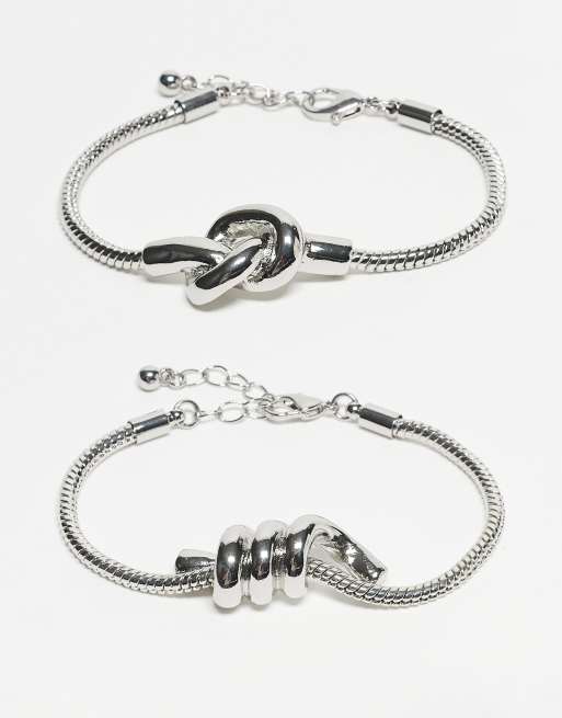 ASOS DESIGN - Confezione da 2 bracciali a catenina argentati con dettaglio annodato spesso