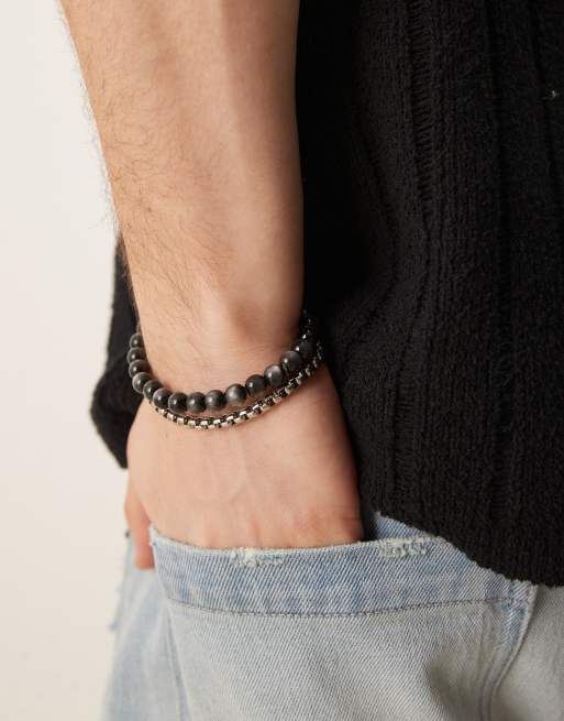 ASOS DESIGN - Confezione da 2 bracciali a catenina e con perline nelle tonalità del nero