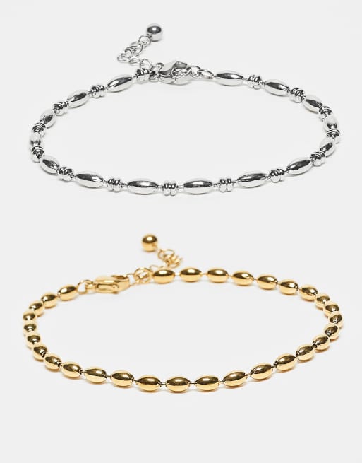 ASOS DESIGN - Confezione da 2 bracciali a catenina in acciaio inossidabile resistente all'acqua multicolore con perline bombate