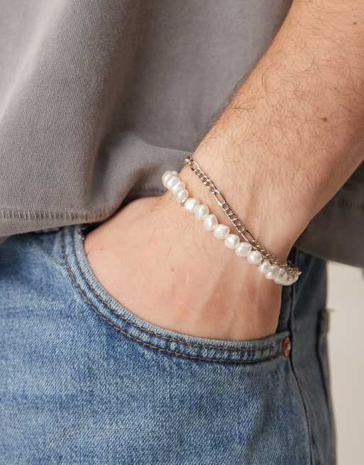ASOS DESIGN - Confezione da 2 bracciali argentati con catenina figaro e perle sintetiche