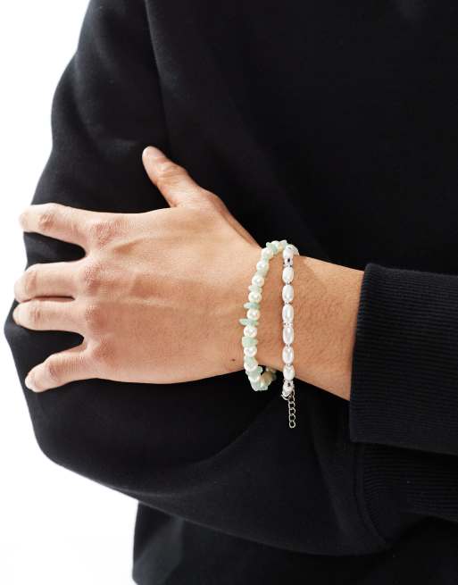 ASOS DESIGN - Confezione da 2 bracciali color crema con perle sintetiche e frammenti giada
