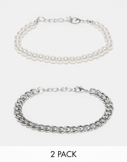 ASOS DESIGN - Confezione da 2 bracciali con catenina argentata e perle sintetiche da 6 mm