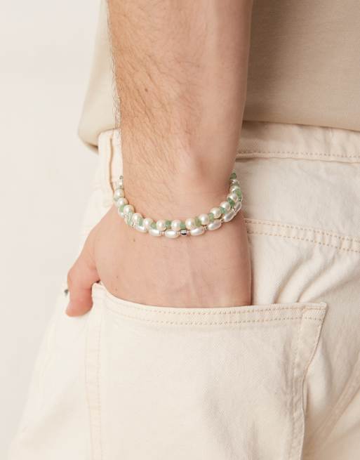 ASOS DESIGN - Confezione da 2 bracciali con perle sintetiche color crema e pietre color giada