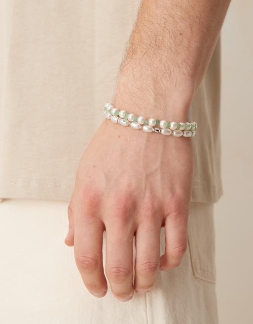 ASOS DESIGN - Confezione da 2 bracciali con perle sintetiche color crema e pietre color giada, 3 di 3