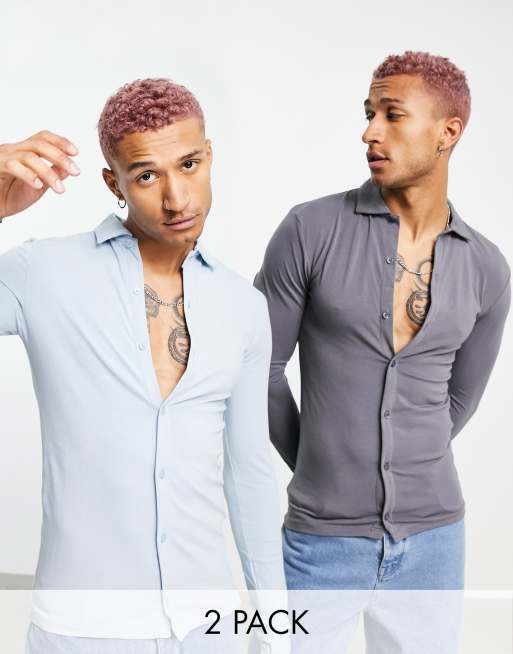 ASOS DESIGN Confezione da 2 camicie a maniche lunghe in jersey blu e grigia ASOS