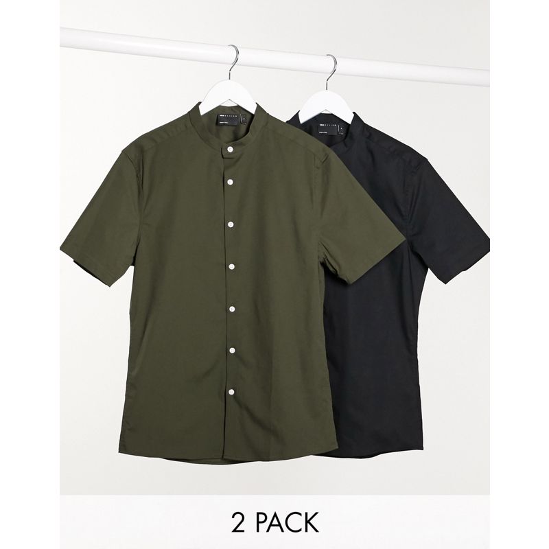 DESIGN - Confezione da 2 camicie skinny con collo serafino kaki/nera