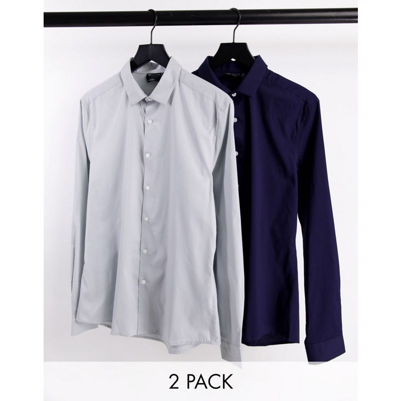 zyLFF Uomo DESIGN - Confezione da 2 camicie stretch slim blu navy/grigio
