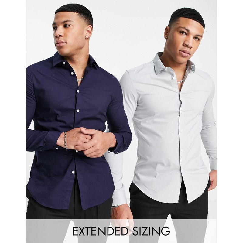 mB8UM Camicie DESIGN - Confezione da 2 camicie stretch slim fit blu navy e grigia - Risparmia