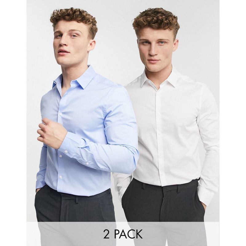 Uomo Camicie tinta unita DESIGN - Confezione da 2 camicie stretch slim fit in bianco e blu - Risparmia