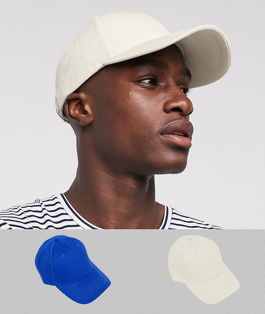 ASOS DESIGN - Confezione da 2 cappelli con visiera blu cobalto e bianco sporco - RISPARMIA-Multicolore