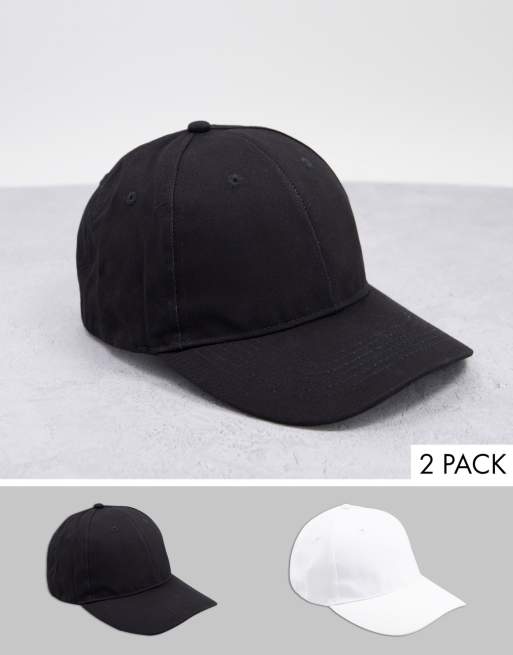 ASOS DESIGN - Confezione da 2 cappelli con visiera nero e bianco in cotone