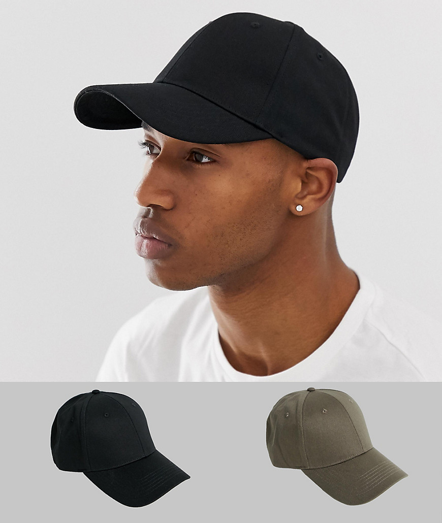 ASOS DESIGN - Confezione da 2 cappelli con visiera nero e kaki - RISPARMIA-Multicolore