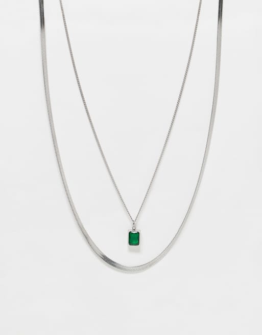 ASOS DESIGN - Confezione da 2 catenine in acciaio inossidabile resistente all'acqua tonalità argento con ciondolo in smeraldo sintetico