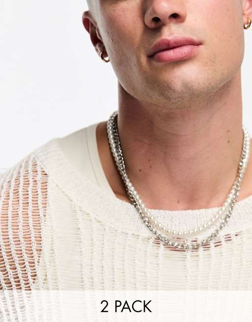 ASOS DESIGN - Confezione da 2 collane color argento a catenina e con perle sintetiche 