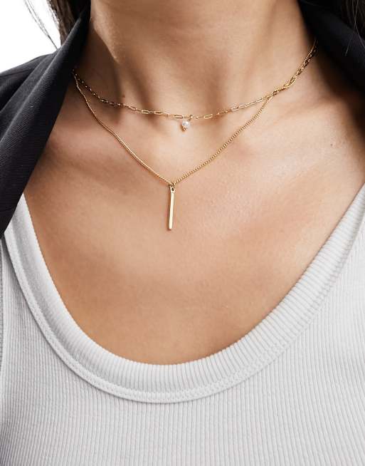 ASOS DESIGN - Confezione da 2 collane dorate placcate oro 14 ct con perla sintetica e barretta