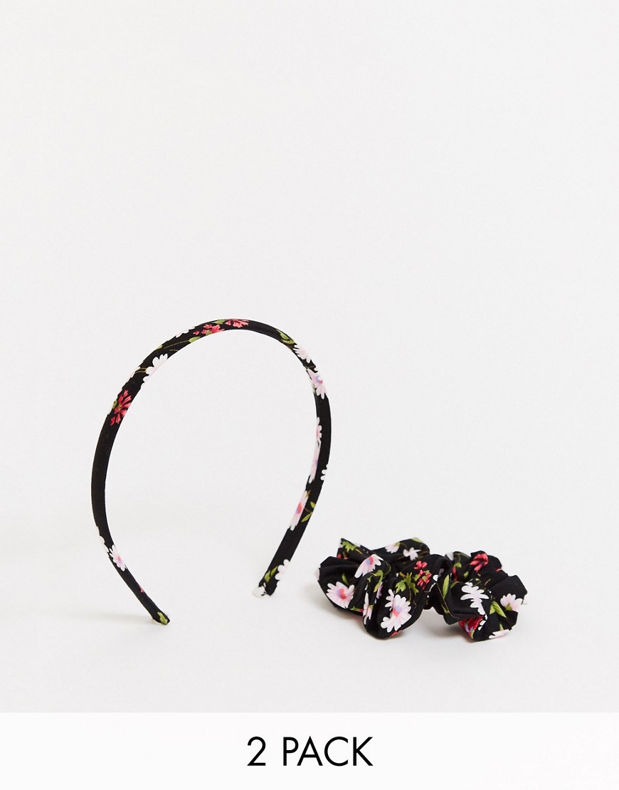 ASOS DESIGN - Confezione da 2 con cerchietto ed elastico per capelli con stampa di margherite-Multicolore