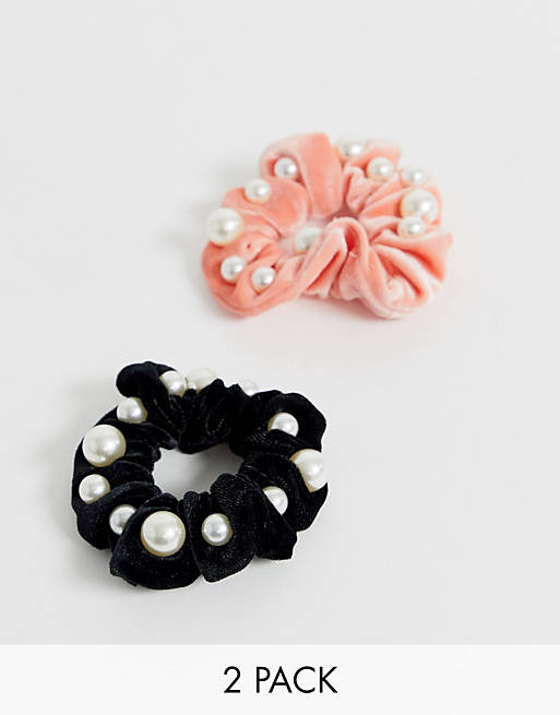 ASOS DESIGN - Confezione da 2 elastici per capelli in velluto con perle