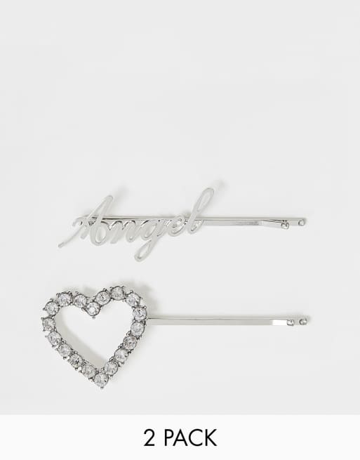 ASOS DESIGN - Confezione da 2 fermagli per capelli argento con angelo e cuore di cristalli
