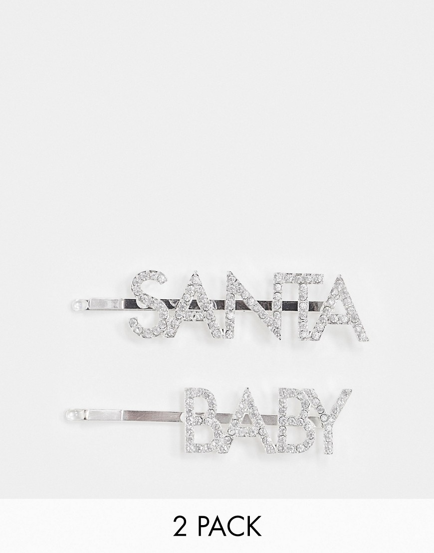 ASOS DESIGN - Confezione da 2 fermagli per capelli argento con scritta Santa Baby in strass