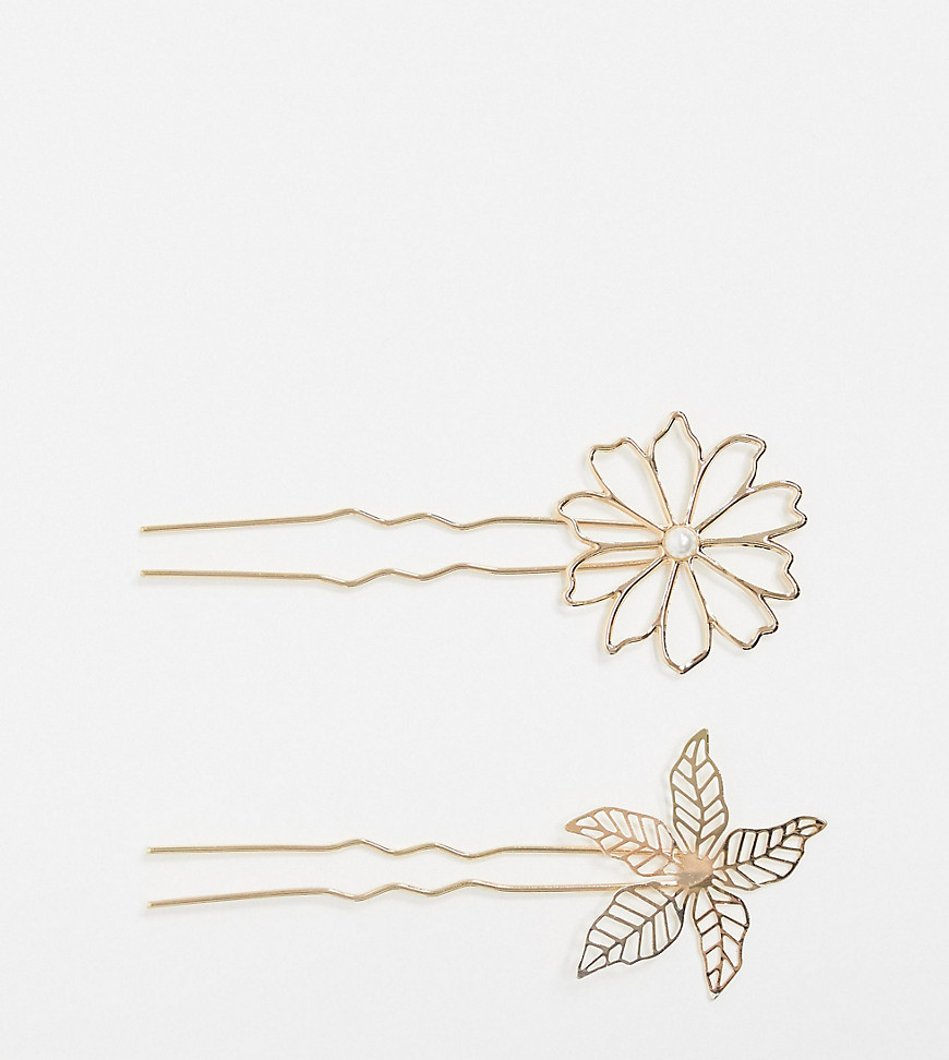 ASOS DESIGN - Confezione da 2 fermagli per capelli con design a fiori e foglie oro
