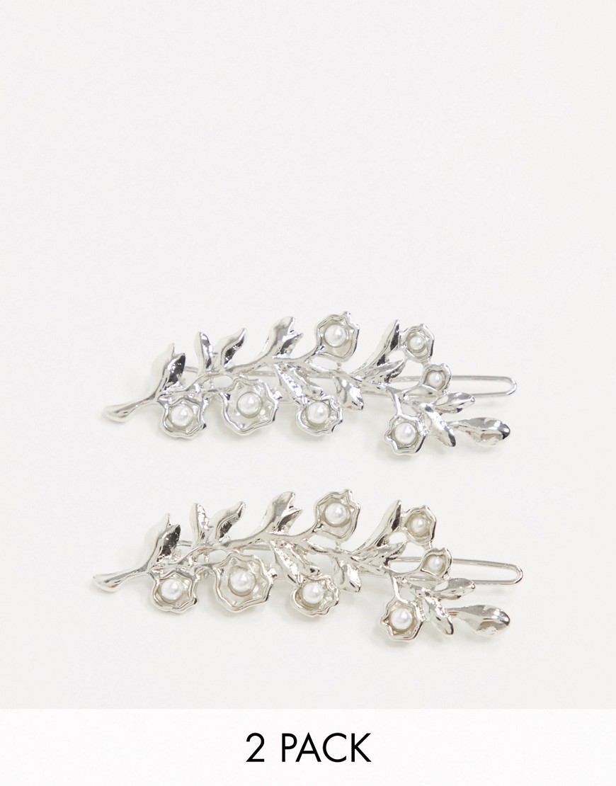 ASOS DESIGN - Confezione da 2 fermagli per capelli con design floreale decorato argento