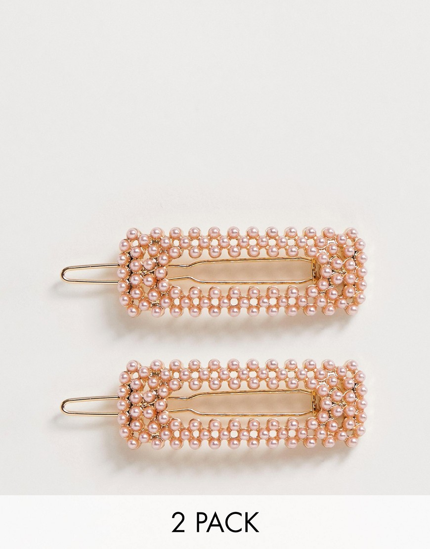 ASOS DESIGN - Confezione da 2 fermagli per capelli con perle rosa-Argento