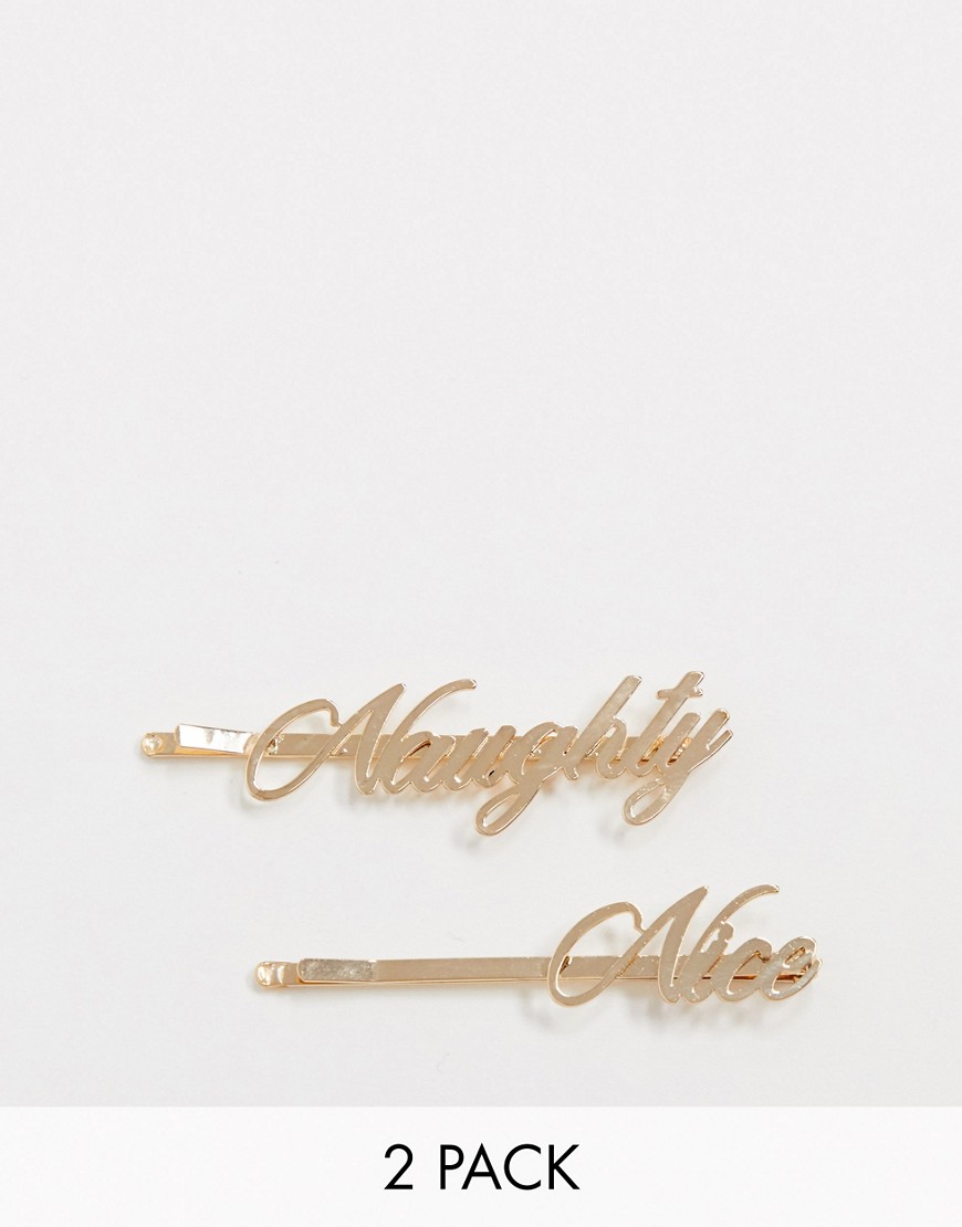 ASOS DESIGN - Confezione da 2 fermagli per capelli natalizi oro con scritta Naughty Nice