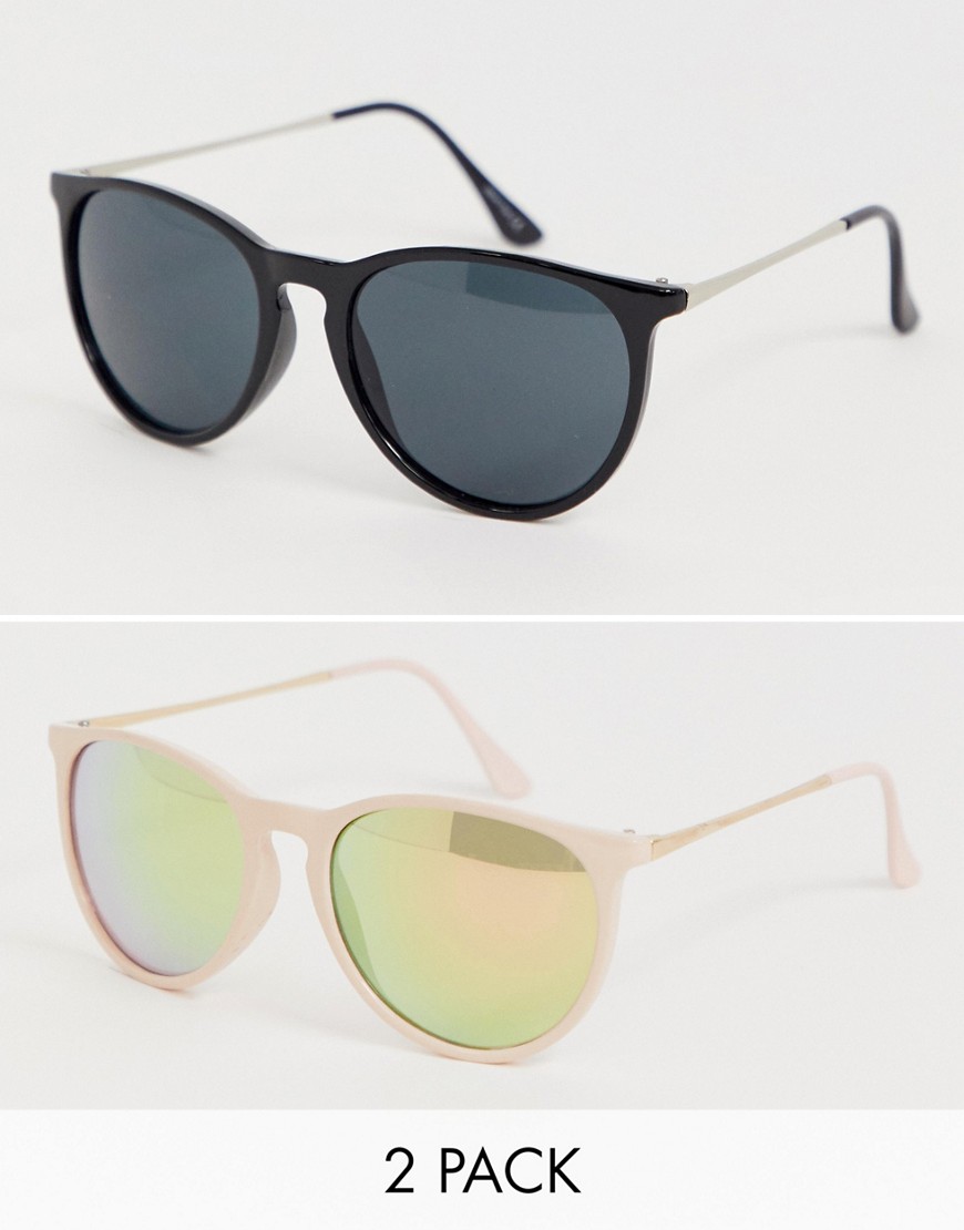 ASOS DESIGN - Confezione da 2 occhiali da sole rotondi rosa e neri con stanghette in metallo-Multicolore