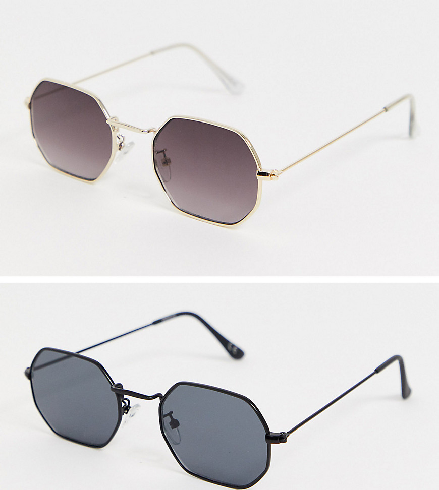 ASOS DESIGN - Confezione da 2 occhiali da sole squadrati oro con lenti sfumate e nero opaco con lenti sfumate