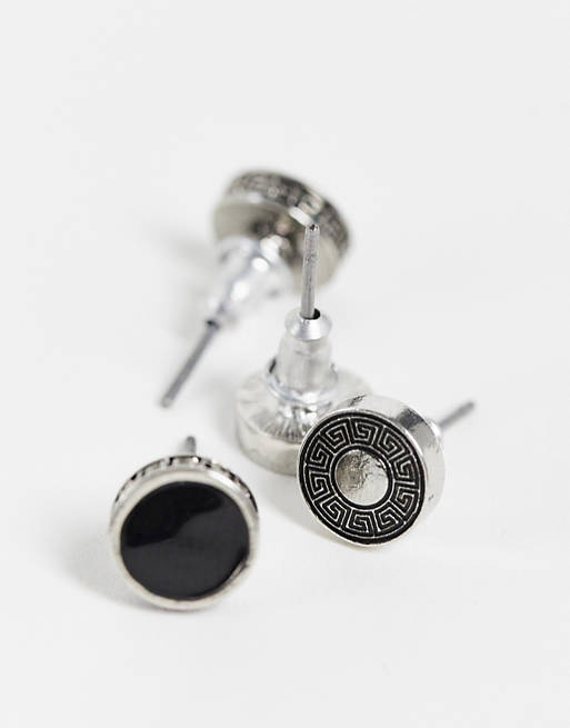 Asos Uomo Accessori Gioielli Orecchini Confezione da 2 orecchini a bottone argentati con motivo a onda greco e smalto nero 