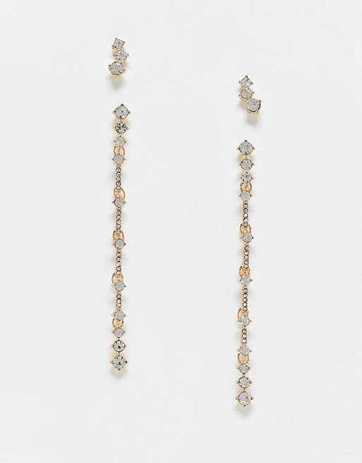 ASOS DESIGN - Confezione da 2 orecchini dorati con pendente lineare con cristalli e borchia con cristallo