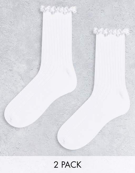 ASOS DESIGN - Confezione da 2 paia di calzini a coste bianchi con volant