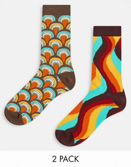 ASOS DESIGN - Confezione da 2 paia di calzini alla caviglia con stampa anni '70