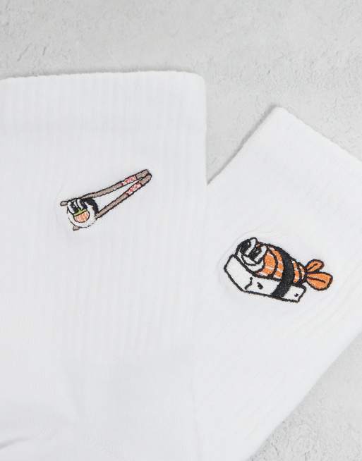 ASOS DESIGN - Confezione da 2 paia di calzini bianchi con sushi ricamato, 2 di 3