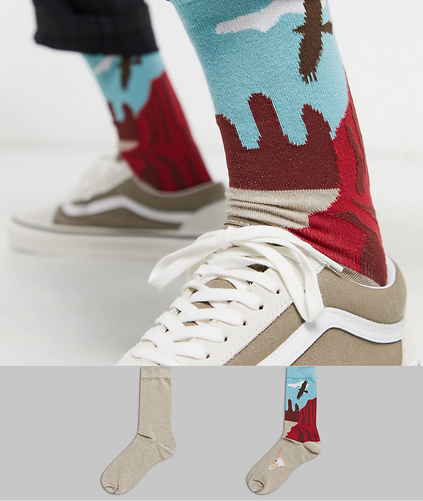 ASOS DESIGN - Confezione da 2 paia di calzini con stampa di paesaggio desertico-Multicolore