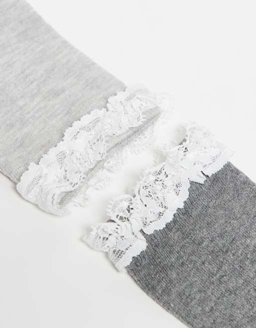 ASOS DESIGN - Confezione da 2 paia di calzini grigio mélange con pizzo, 3 di 3
