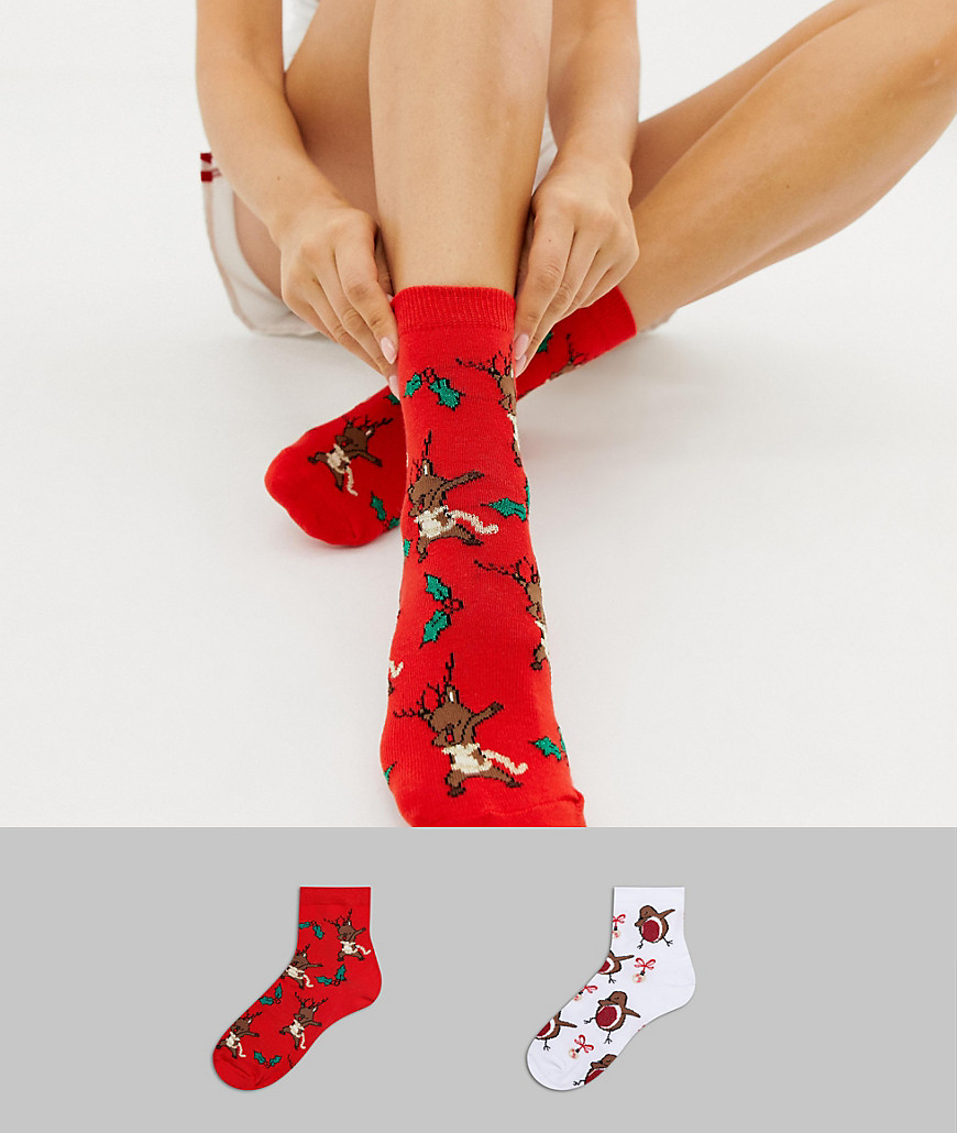 ASOS DESIGN - Confezione da 2 paia di calzini natalizi con stampa di animali che fanno la dab dance-Multicolore