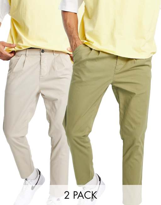 ASOS DESIGN - Confezione da 2 paia di chino a sigaretta con pieghe colore kaki scuro e beige - Risparmia