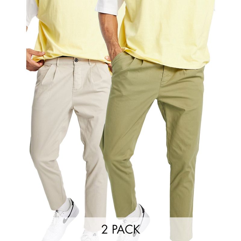 Confezioni multipack Uomo DESIGN - Confezione da 2 paia di chino a sigaretta con pieghe colore kaki scuro e beige - Risparmia