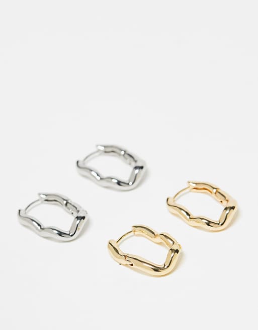 ASOS DESIGN - Confezione da 2 paia di orecchini a cerchio con chiusura a scatto in tonalità mista argento e oro effetto fuso
