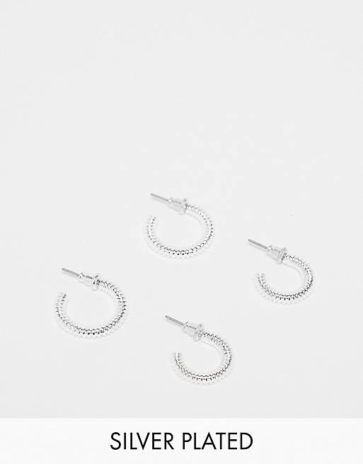 ASOS DESIGN - Confezione da 2 paia di orecchini a cerchio placcati in vero argento con design a spirale